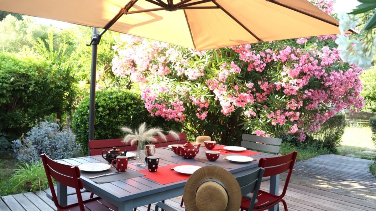 A table in a garden under a sunshade